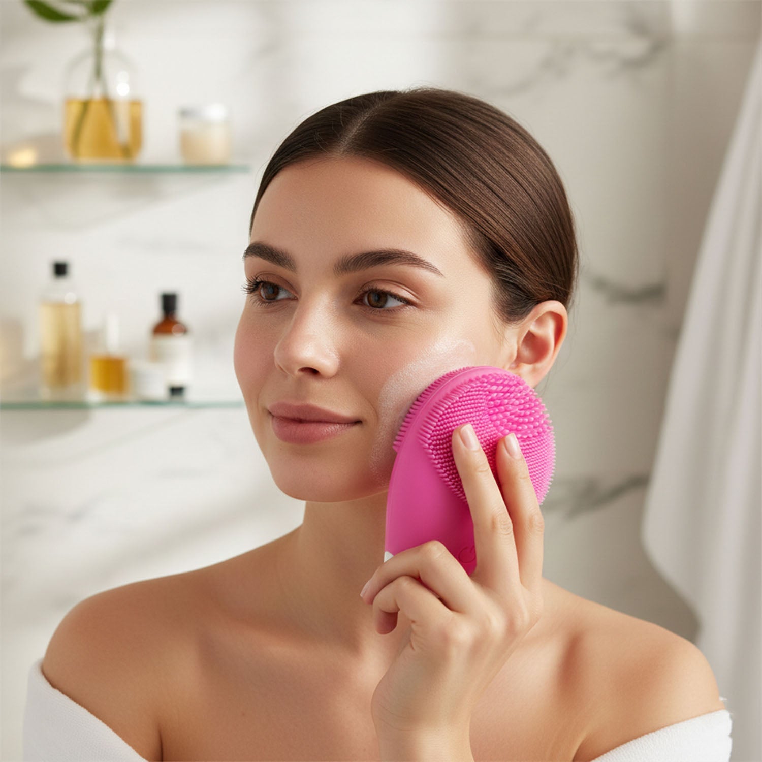 Handheld silicone face cleansing massager for gentle exfoliation and makeup removal