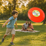 Big outdoor flying disc mid-air during throw action