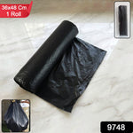 Black garbage bag roll shown with a standard dustbin for size reference.