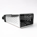 Fine and coarse grater surfaces of stainless steel 4-in-1 grater with handle