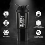 Angled view of gym protein shaker bottle with secure lid