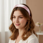 Padded satin hairband from different angles highlighting its satin finish
