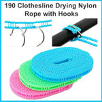 Portable nylon clothesline drying clothes in an outdoor camping setting.