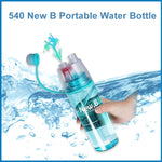 Person using the integrated face mist sprayer on the portable water bottle for quick refreshment.