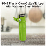 Ergonomic corn stripper tool in action, showcasing its sharp stainless steel blades.