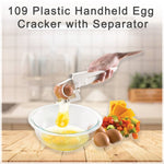 Front view of the plastic handheld egg cracker with separator, designed for Indian kitchens.