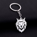 Durable stainless steel lion head keychain with crown design on a white background