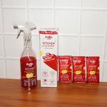 Display of Pollic Kadam kitchen surface cleaner refill sachets and bottle