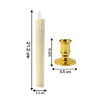Two LED flameless taper candles with classic design placed on festive decorative stand