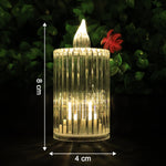 Close-up of flickering LED flame on premium crystal-effect flameless candle