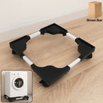 Adjustable washing machine stand with anti-vibration base supporting a heavy appliance