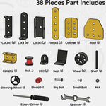 Assembled mechanical models from the Mecha Racer STEM Kit displayed on table