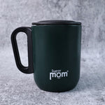 Close-up of stainless steel insulated mug lid and handle
