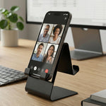 Folded black metal mobile stand, portable and compact
