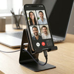 Mobile phone holder on black metal stand with compact design