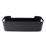 Collection of stackable black plastic storage trays for organizing items