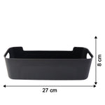 Black plastic storage baskets used for home organization