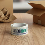 Heavy-duty printed packaging tape roll with a white core, ready for use.