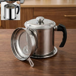 Stainless steel oil filter pot with fine mesh strainer for clean oil storage