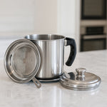 Durable oil filter pot with removable fine mesh strainer and ergonomic handle
