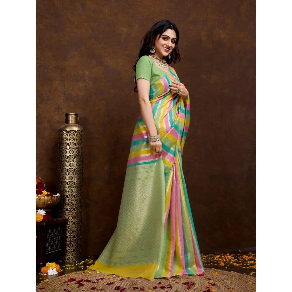 Women's Cotton Blended Printed Saree With Unstitched Blouse 5.5Mtr (Pista)