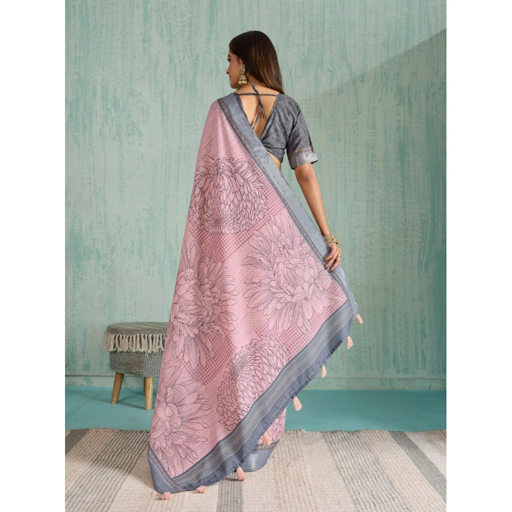 Women's Silk Blend Printed Saree With Unstitched Blouse 5.5Mtr (Pink)