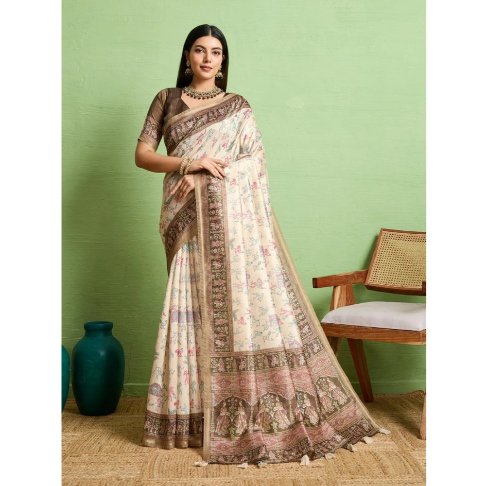 Women's Silk Blend Printed Saree With Unstitched Blouse 5.5Mtr (Cream)