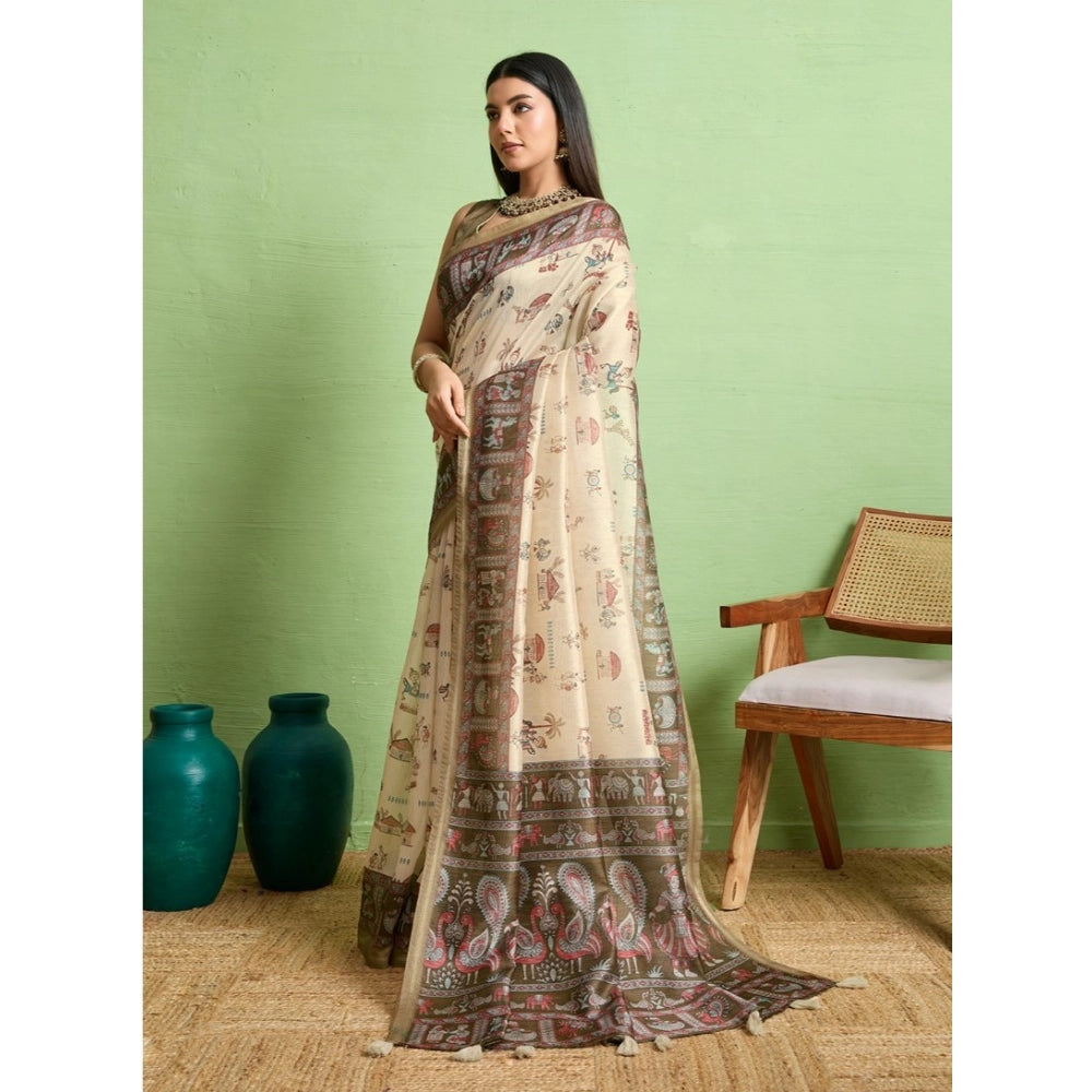 Women's Silk Blend Printed Saree With Unstitched Blouse 5.5Mtr (Cream)