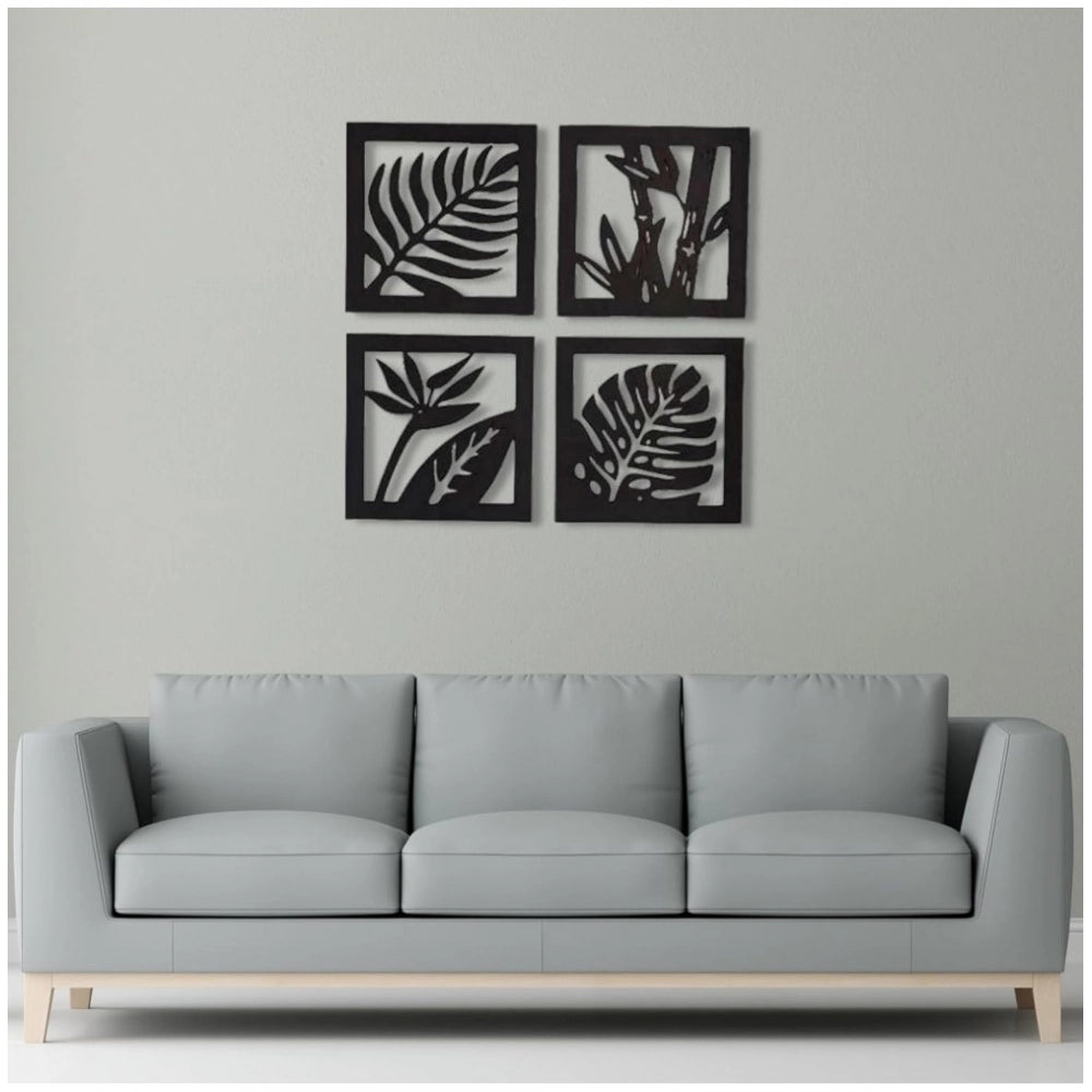 7 Decore Wooden 4 Pieces Square Tree Leaf Wall Art Panel Frame €“ Black (Big Size)