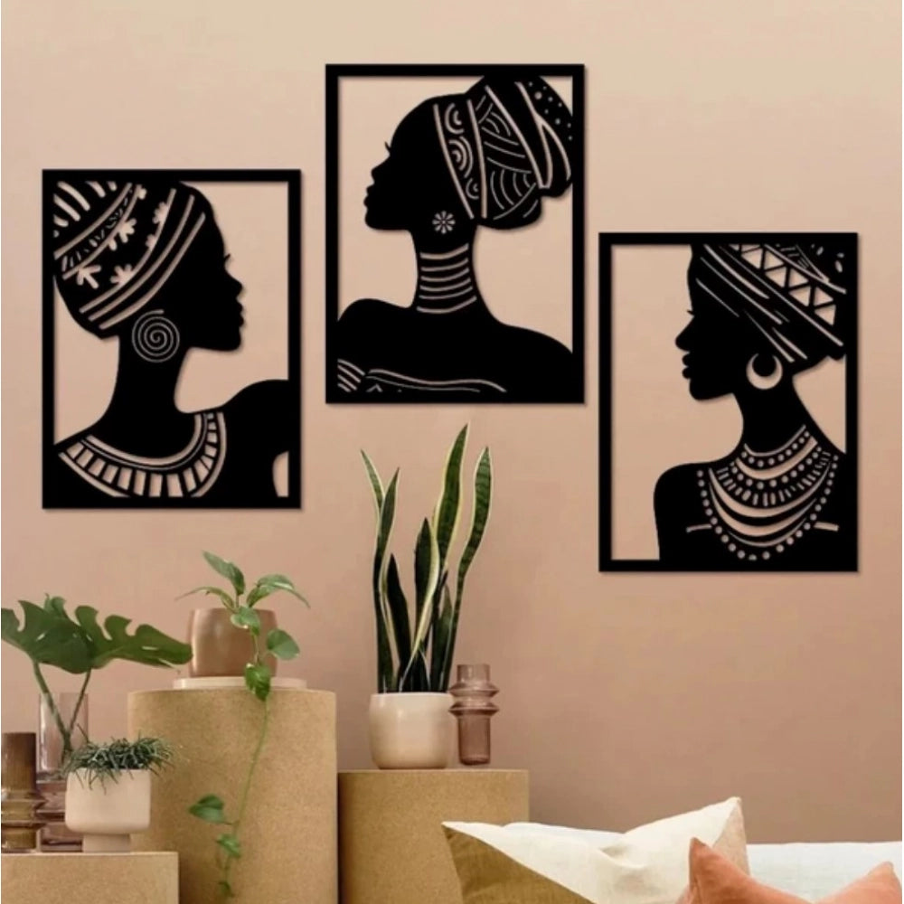 African Elegance Wooden Wall Decor €“ Set of 3 Panels (Black)