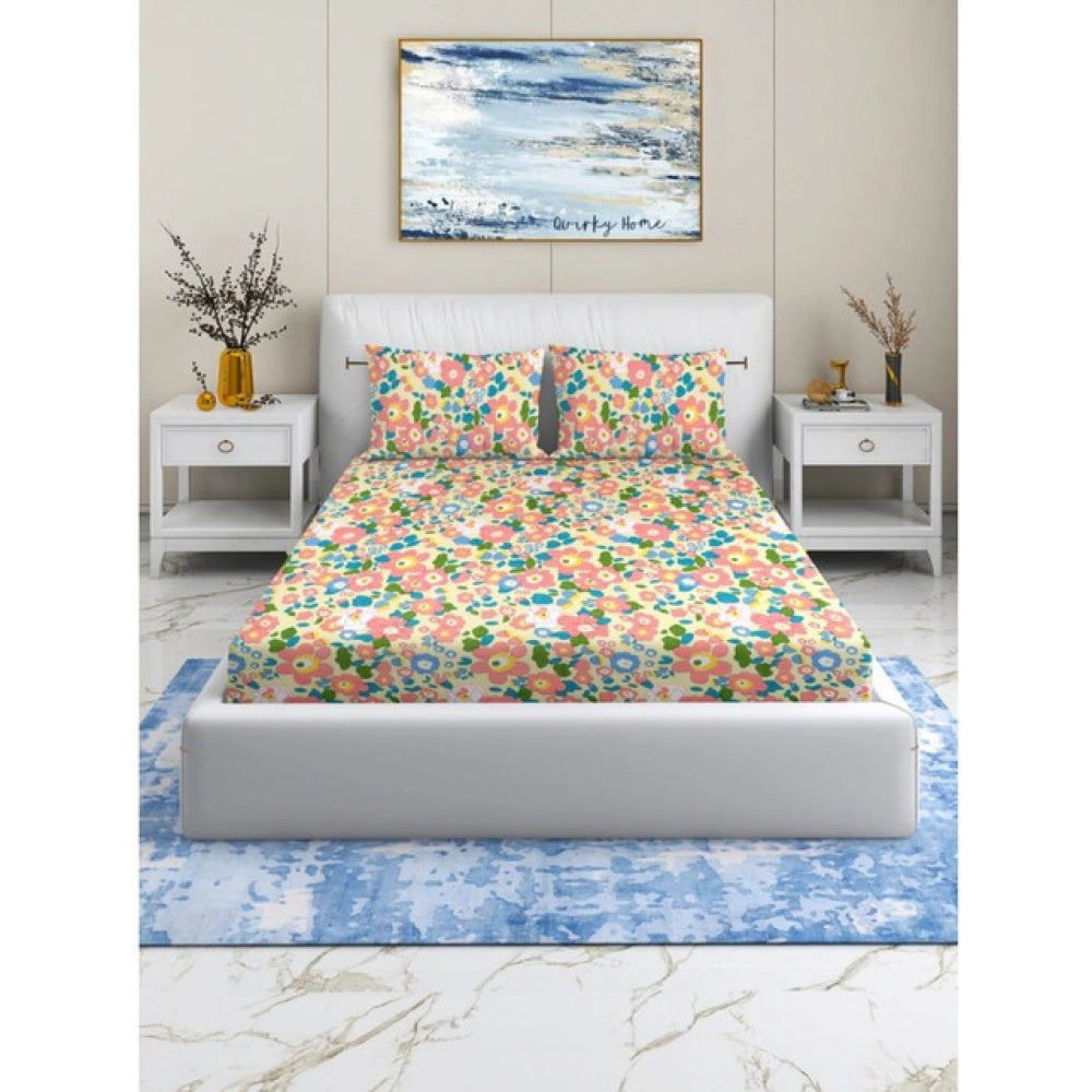 Cotton Blend Floral Printed Double Bedsheet with 2 Pillow Covers (Yellow)