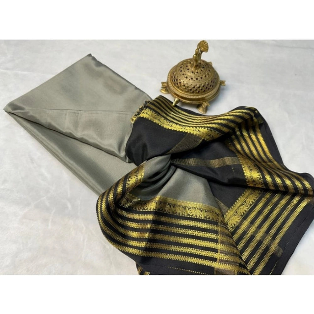 Women's Crepe Chit Pallu Solid Saree With Unstitched Blouse 5.5Mtr (Gray)