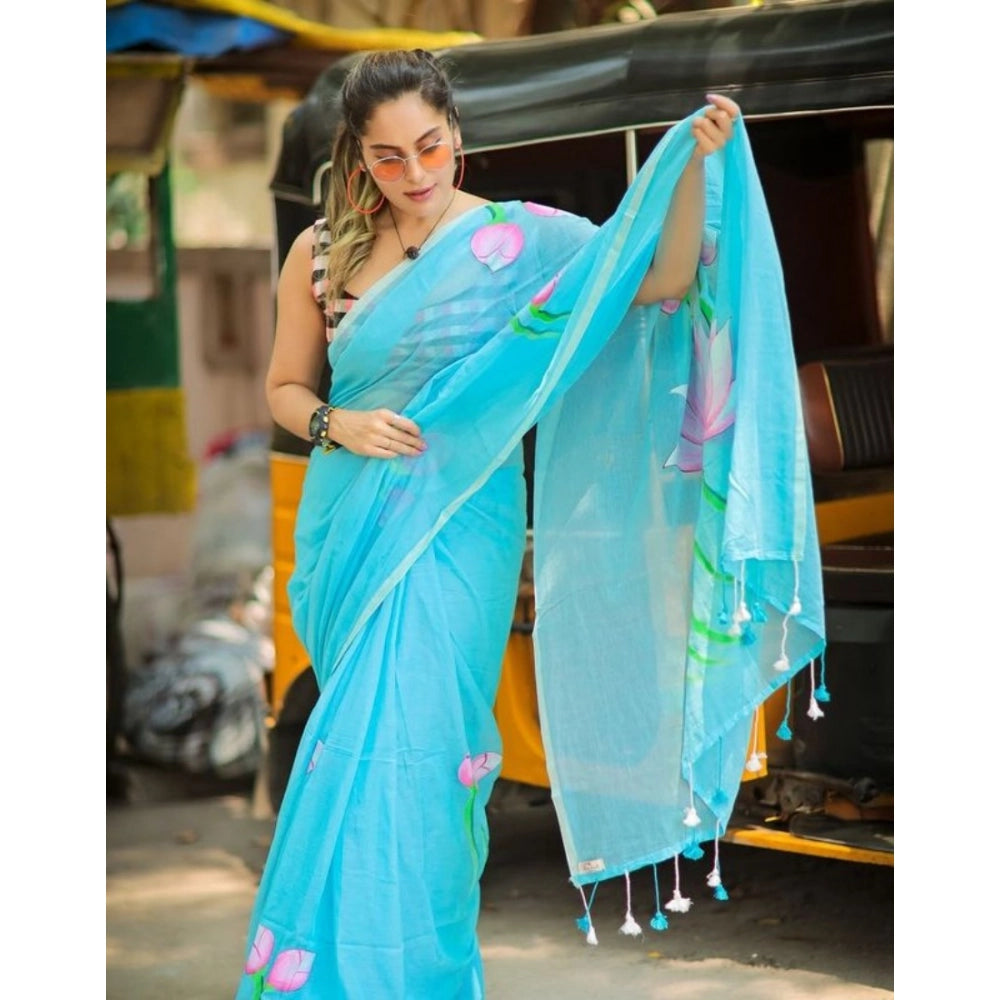 Women's Linen Printed Saree With Unstitched Blouse 5.5Mtr (light Blue)