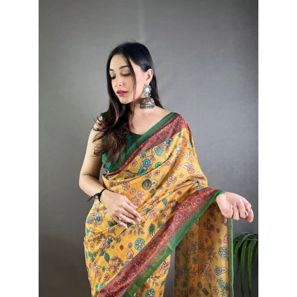 Women's Linen Printed Saree With Unstitched Blouse 5.5Mtr (Yellow)