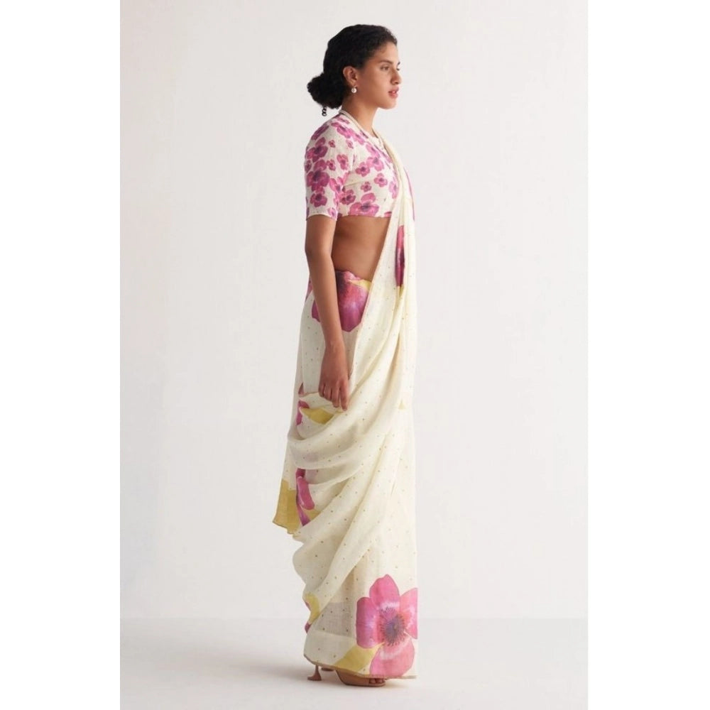 Women's Linen Printed Saree With Unstitched Blouse 5.5Mtr (White)