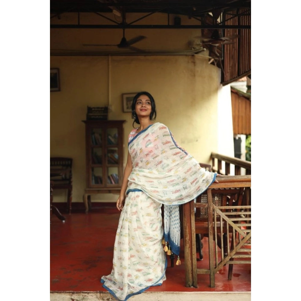Women's Linen Printed Saree With Unstitched Blouse 5.5Mtr (White)