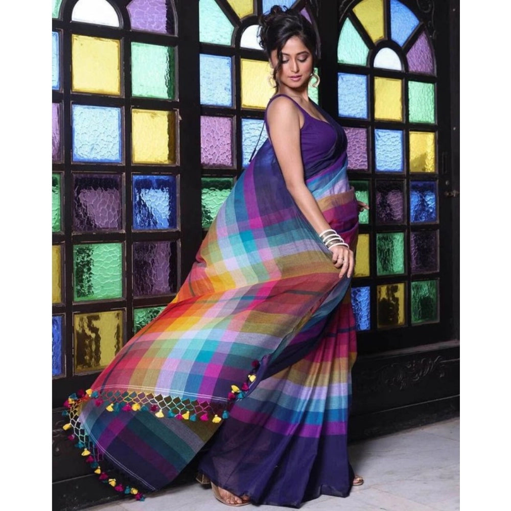 Women's Linen Printed Saree With Unstitched Blouse 5.5Mtr (Navy)