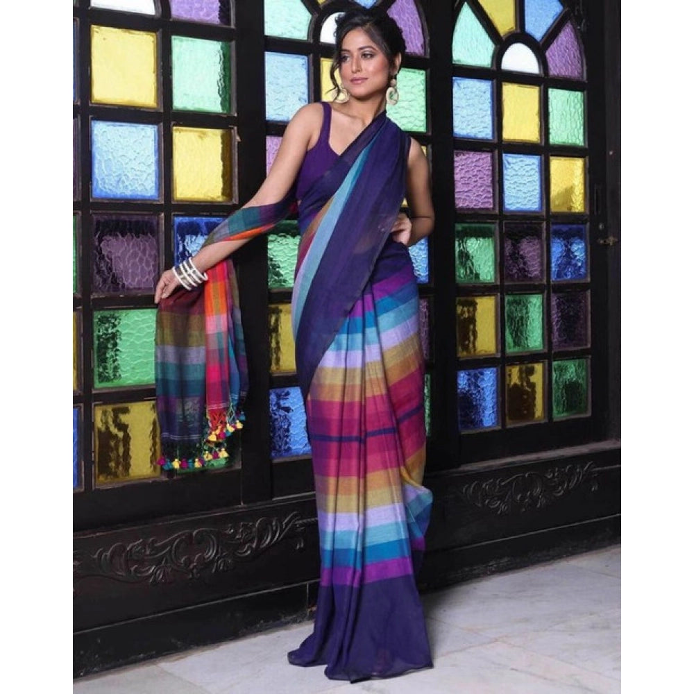 Women's Linen Printed Saree With Unstitched Blouse 5.5Mtr (Navy)