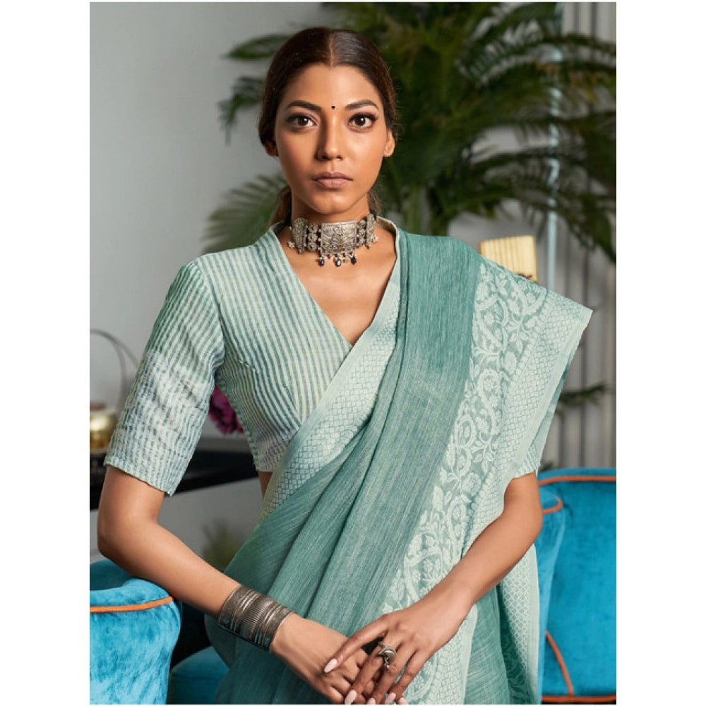 Women's Linen Printed Saree With Unstitched Blouse 5.5Mtr (Sea Green)