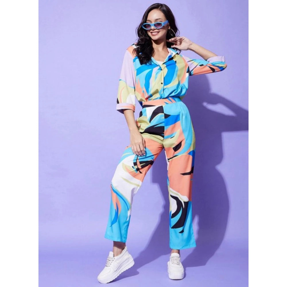 Women's Polyester Colour Blocking 3-4th Sleeve Co-Ord Set (Multicolor)