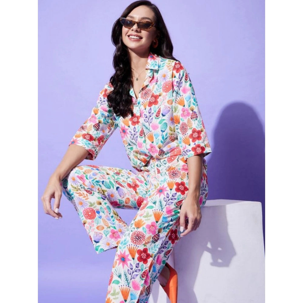 Women's Polyester Floral 3-4th Sleeve Co-Ord Set (Multicolor)