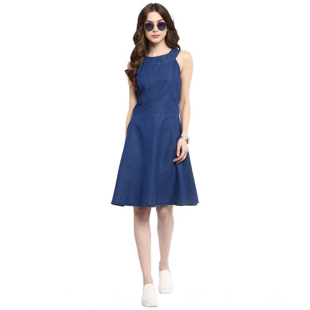 Women's Denim Solid Sleeveless Dress (Blue)