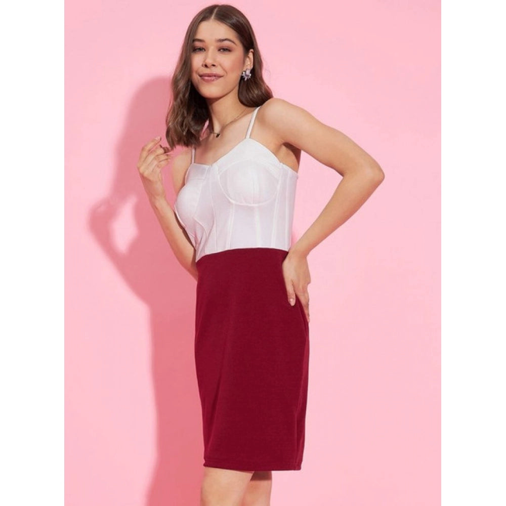 Women's Polyester Lycra Color Blocking Shoulder Straps Dress (White - Maroon)
