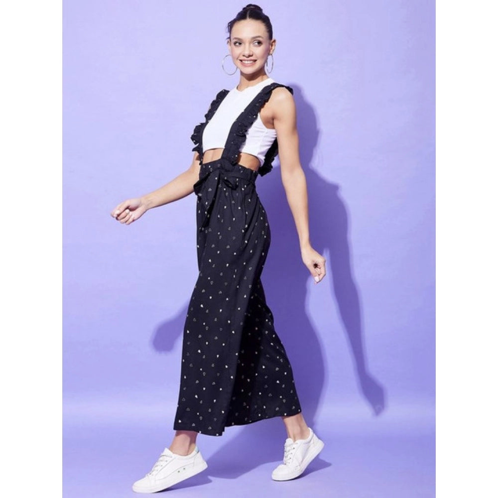 Women's Rayon Pinafore Shoulder Straps Jumpsuit (Black)