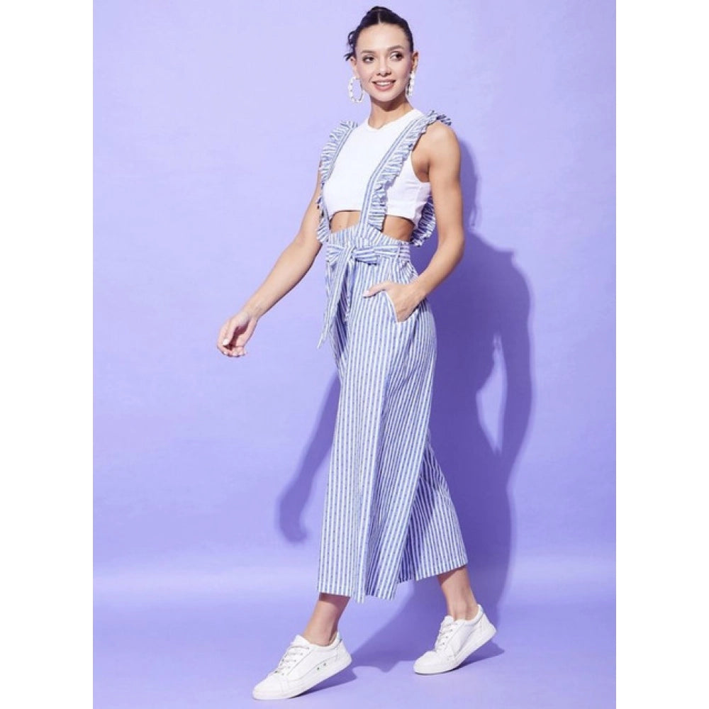 Women's Cotton Pinafore Shoulder Straps Jumpsuit (Light Blue)
