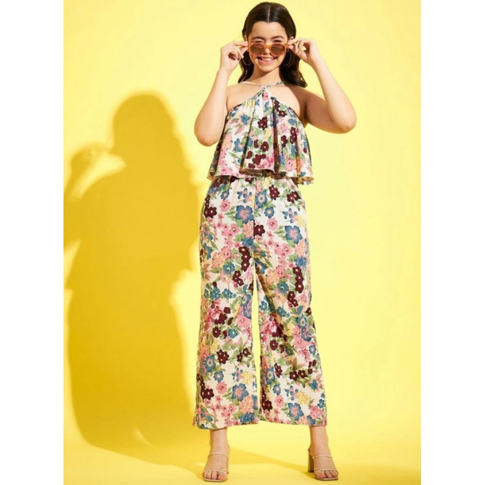 Girl's Polyester Crepe Floral Sleeveless Jumpsuit (Multicolor)