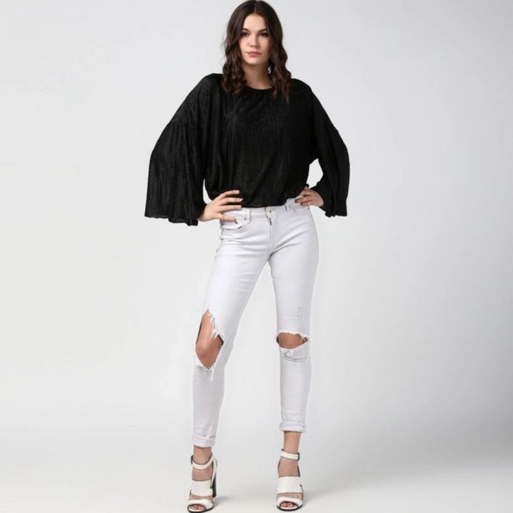 Women's Polyester Pleated Balloon Sleeve Top (Black)