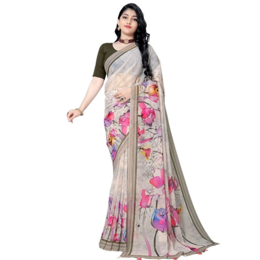 Women's Georgette Floral Printed Saree With Unstitched Blouse 5.5Mtr (Beige)