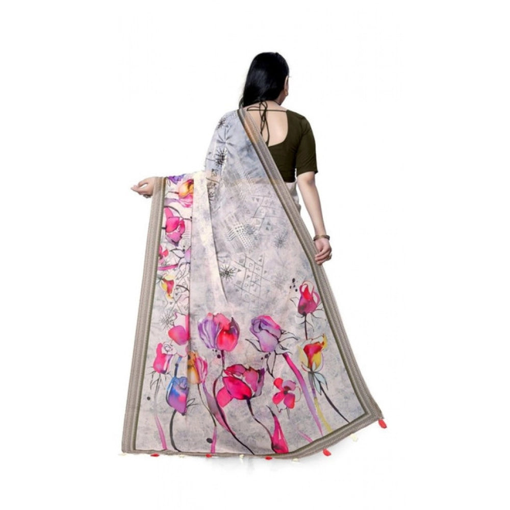 Women's Georgette Floral Printed Saree With Unstitched Blouse 5.5Mtr (Beige)