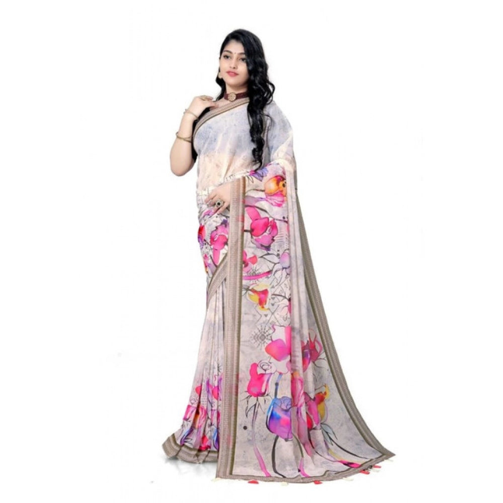 Women's Georgette Floral Printed Saree With Unstitched Blouse 5.5Mtr (Beige)